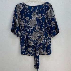 West Kei Royal Blue and Cream Floral Tie-front Blouse, Size M, Dolman Sleeves